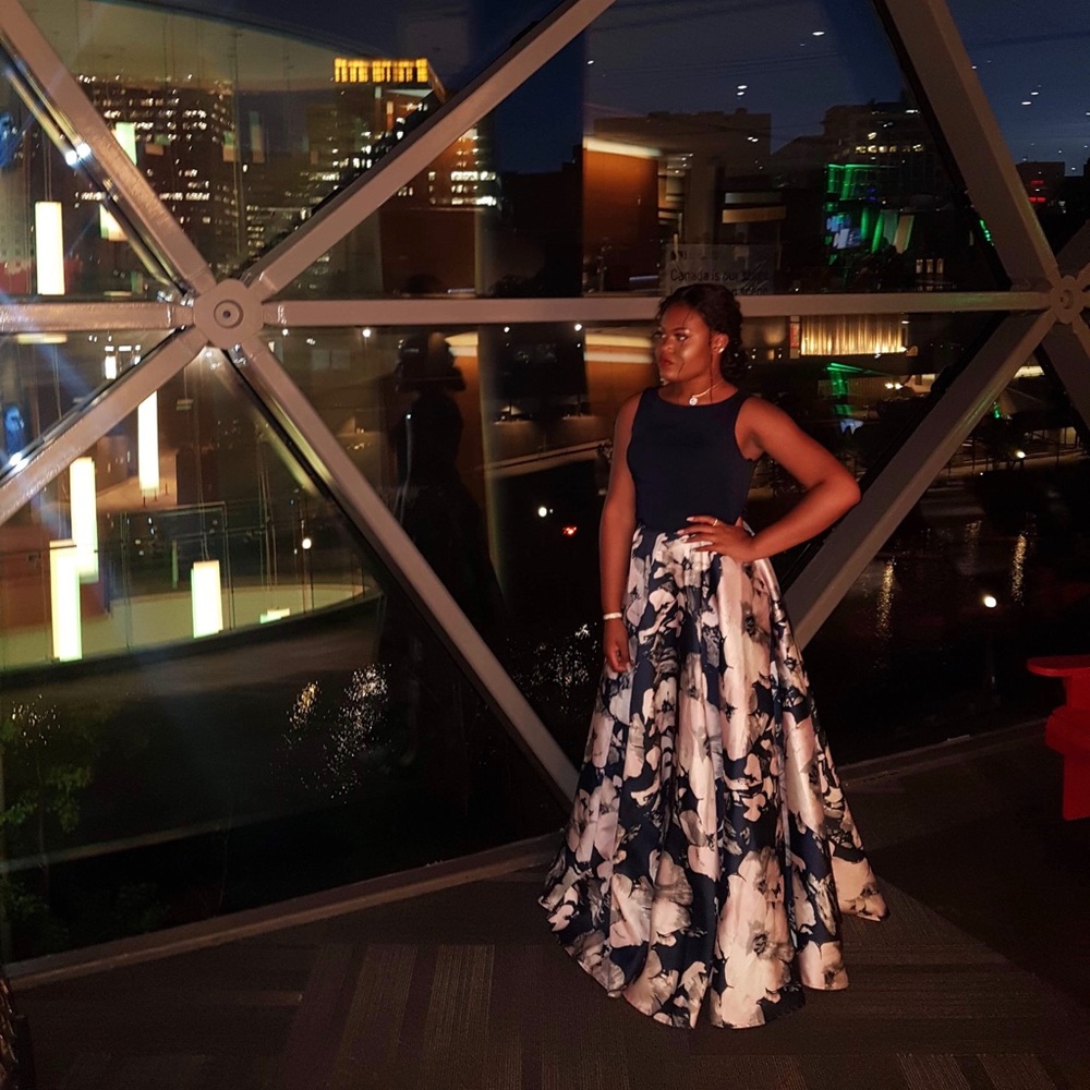 A blue floral 2 piece prom dress